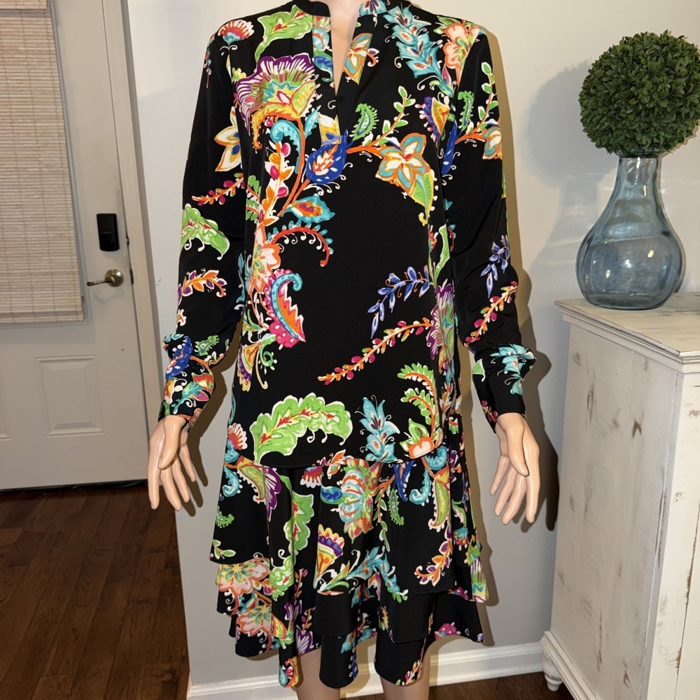 Lauren Ralph Lauren Layered Skirt (6) And Blouse (M) Set Black Floral Workwear